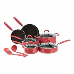 Amazon Basics Ceramic Non-Stick 12-Piece Cookware Set, Red - Pots, Pans and Utensils for $82