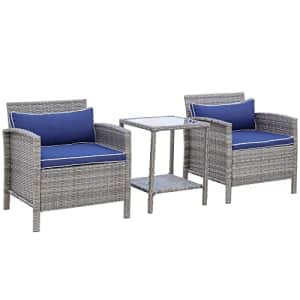 Outsunny 3 Pcs Rattan Wicker Bistro Set with Soft Cushions, Outdoor Conversation Coffee Sets with for $190