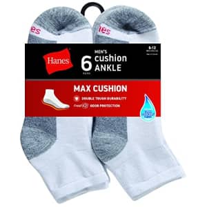 Hanes Men's Max Cushion Ankle Socks 6-Pack, White, 6-12 for $21