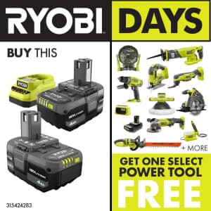 Ryobi One+ 18V Li-ion 4Ah Battery 2-Pack and Charger Kit for $99 + free power tool Ryobi One+ 18V Li-ion 4Ah Battery 2-Pack and Charger Kit for $99 + free power tool