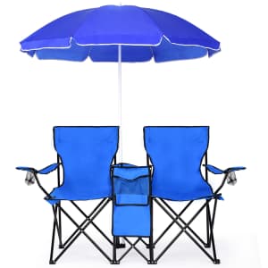 Costway Portable Folding Picnic Double Chair w/ Umbrella for $66