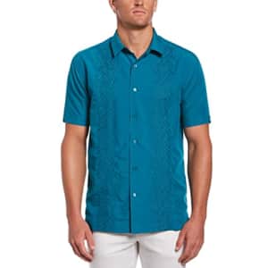 Cubavera Men's Short Sleeve V/T Leaf Emb Shirt, Ocean Depths, Small for $33