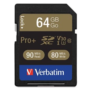 Verbatim 64GB Pro Plus 600X SDXC Memory Card, UHS-I V30 U3 Class 10 for $15 Verbatim 64GB Pro Plus 600X SDXC Memory Card, UHS-I V30 U3 Class 10 for $15