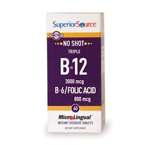 Superior Source No Shot Triple B12/B6/Folic multivitamins, 3000 mcg, 60 Count for $20