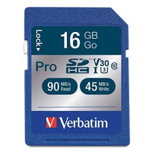 Verbatim 16GB Pro 600X SDHC Memory Card, UHS-I V30 U3 Class 10 for $14 Verbatim 16GB Pro 600X SDHC Memory Card, UHS-I V30 U3 Class 10 for $14