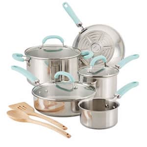 Rachael Ray Create Delicious Stainless Steel Cookware Set, 10-Piece Pots and Pans Set, Stainless for $140