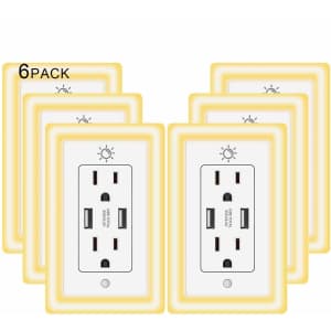 Powrui USB Wall Outlet w/ Night Light 6-Pack for $42