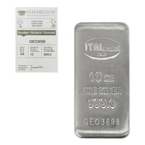 10-oz. Italpreziosi Italian Silver Cast Bar w/ Assay for $260 10-oz. Italpreziosi Italian Silver Cast Bar w/ Assay for $260