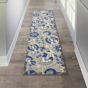 Nourison Aloha Indoor/Outdoor Floral Natural/Blue 2'3" x 10' Area Rug (10' Runner), 2'3"X10', for $37
