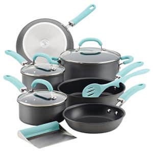 Rachael Ray 11-Piece Hard Anodized Aluminum Cookware Set, Gray with Light Blue Handles for $150
