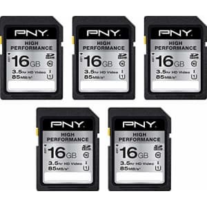 PNY 16GB High Performance Class 10 U1 SDHC Flash Memory Card 5-Pack - 85MB/s read, Class 10, U1, for $22