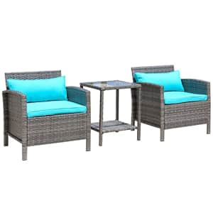 Outsunny 3 Pcs Rattan Wicker Bistro Set with Soft Cushions, Outdoor Conversation Coffee Sets with for $190