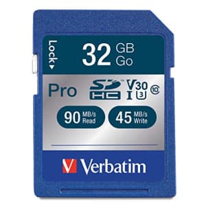 Verbatim 32GB Pro 600X SDHC Memory Card, UHS-I V30 U3 Class 10 for $34