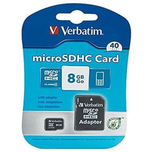 Verbatim 8GB MicroSDHC Card with Adapter, Black 96807 for $14