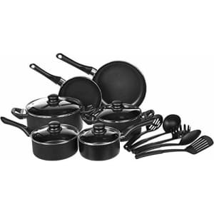 Amazon Basics Non-Stick Cookware Set, Pots, Pans and Utensils - 15-Piece Set for $52