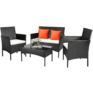 Costway 4-Piece Rattan Patio Set with Tempered Glass Top Table for $185