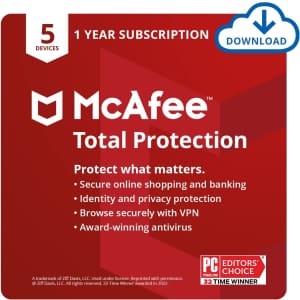 McAfee Total Protection 2022 5-Device 1-Year Subscription: $24.99