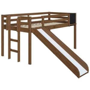 Homestock Solid Wood Twin Low Loft Bed w/ Slide & Chalkboard for $251