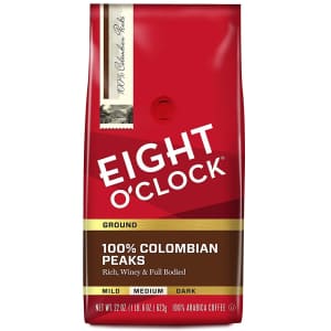 Eight O'Clock Coffee 100% Colombian Peaks Ground Coffee 22-Oz. Bag for $11 Eight O'Clock Coffee 100% Colombian Peaks Ground Coffee 22-Oz. Bag for $11