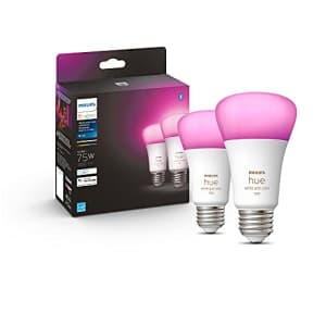 Philips Hue 2-Pack White and Color A19 Medium Lumen Smart Bulb, 1100 Lumens, Bluetooth & Zigbee for $90