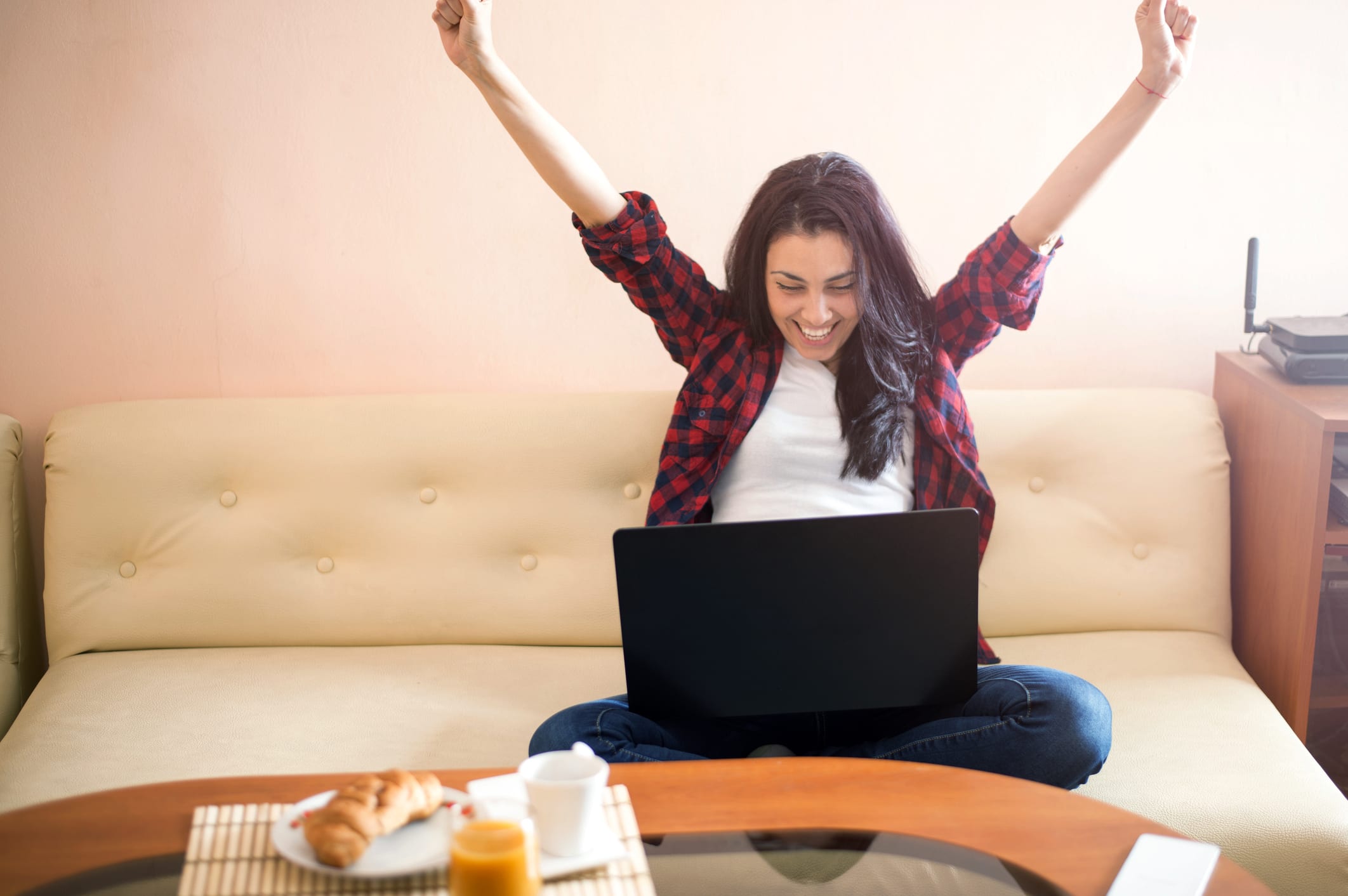 happy woman with laptop