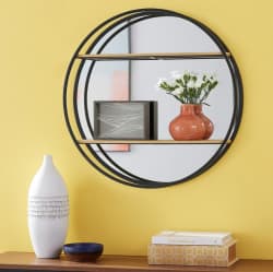 StyleWell 24 Diameter x 5 Inch D Round Wood Black Metal Wall-Mount Bookshelf with Mirror
